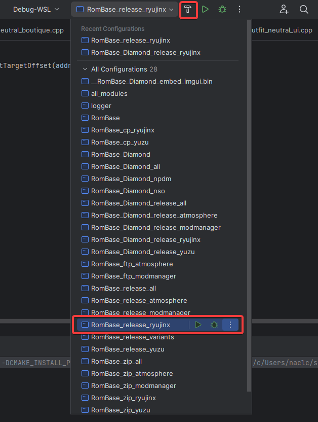 An image showing the targets dropdown and the "Build" button in CLion.